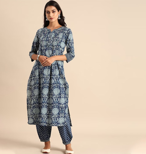 Women Blue & Off-White Floral Screen Printed Pleated Thread Work Kurta with Salwar